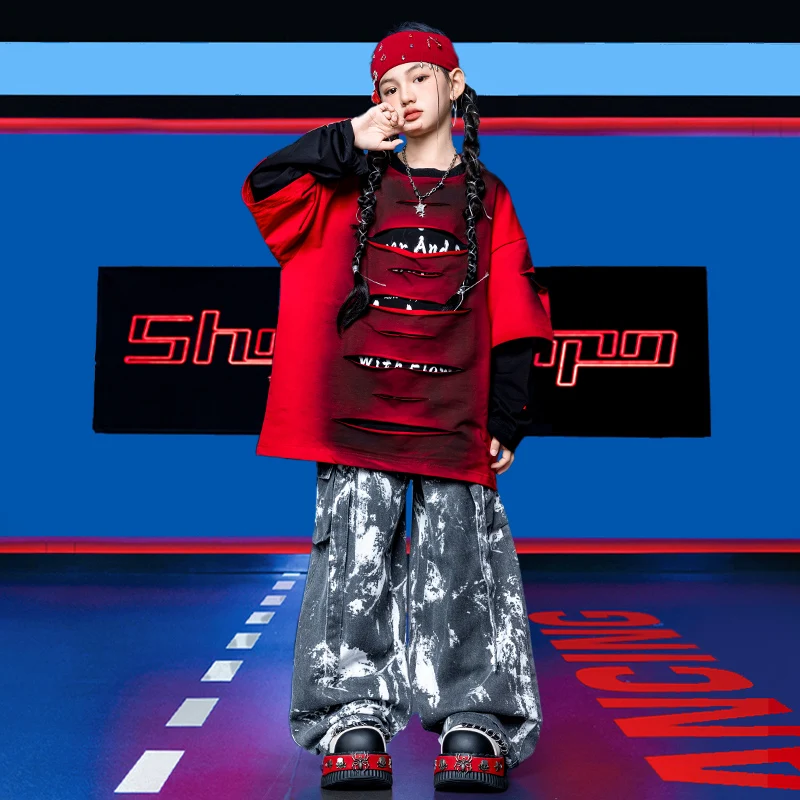أزياء مسرح رقص الجاز الحديثة للأطفال لعام 2025 للفتيات قمصان حمراء وسراويل فضفاضة تناسب الأولاد ملابس الهيب هوب DQS21493 #5