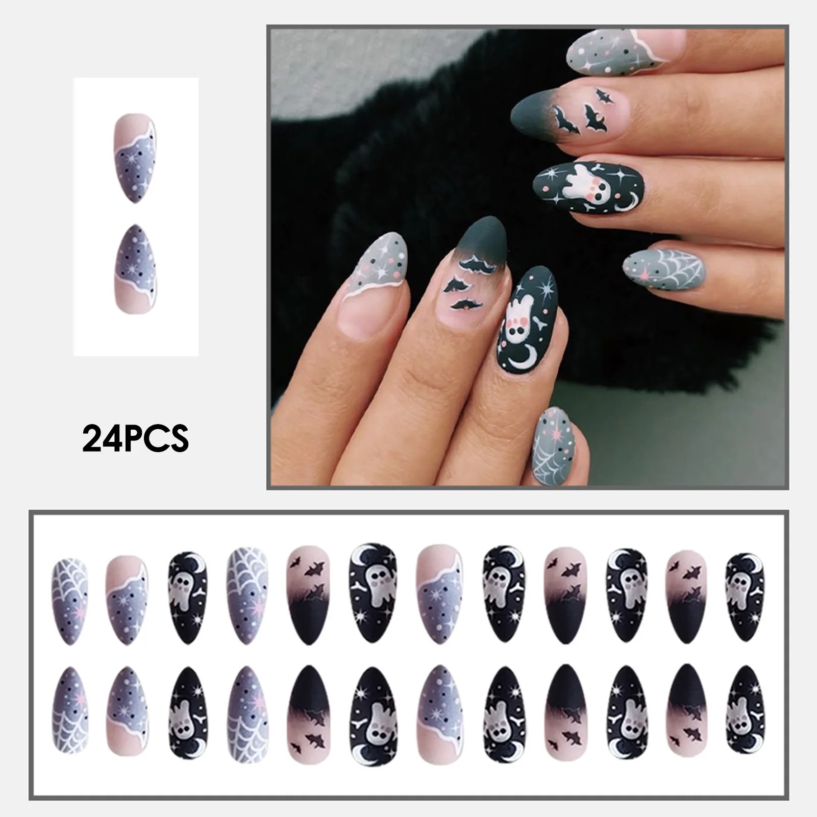 24pcs Grey French Style Press On Nails Gradient Black Cute Ghost Bat Spider Web Designs Halloween Fake Nails Almond False Nail