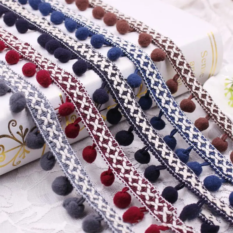1-10Yards Pompom Fringe Lace Embroidered Trim Ribbon Pompoms Trim Fringe Ribbon Pom Pom Craft Tassel Lace DIY Sewing Accessories