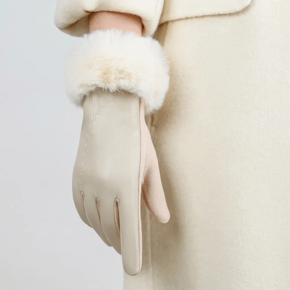 Luxury Fleece Lined Leather Gloves Fur Cuff Anti-splash Water Winter Mittens Soft Texture Solid Color Touchscreen Gloves Outdoor