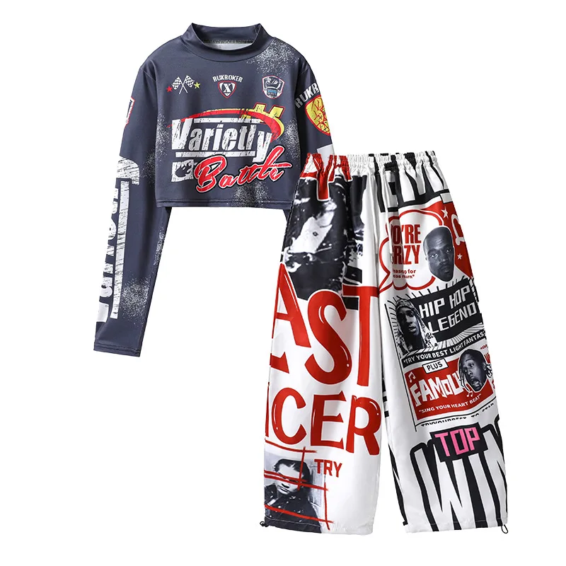 Kid Kpop Hip Hop Clothing Gray Black Print Crop T Shirt Top White Graffiti Dopamine Pants for Girl Street Dance Costume Clothes view 5