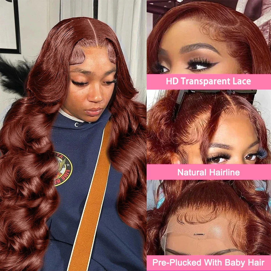 Reddish Brown Body Wave Lace Front Human Hair Wig Red Colored 13x4 Brazilian Transparent 13x6 Lace Frontal Wigs For Women