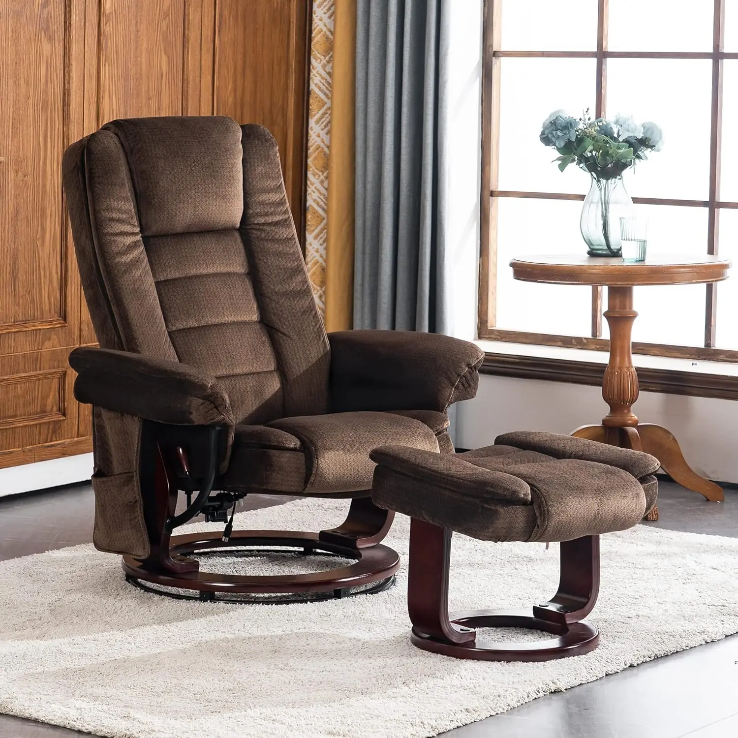 Mcombo Swivel Recliner With Ottoman, Fabric Accent Tv Chair With Vibration Massage, Ideal For Small Space, Living Room &