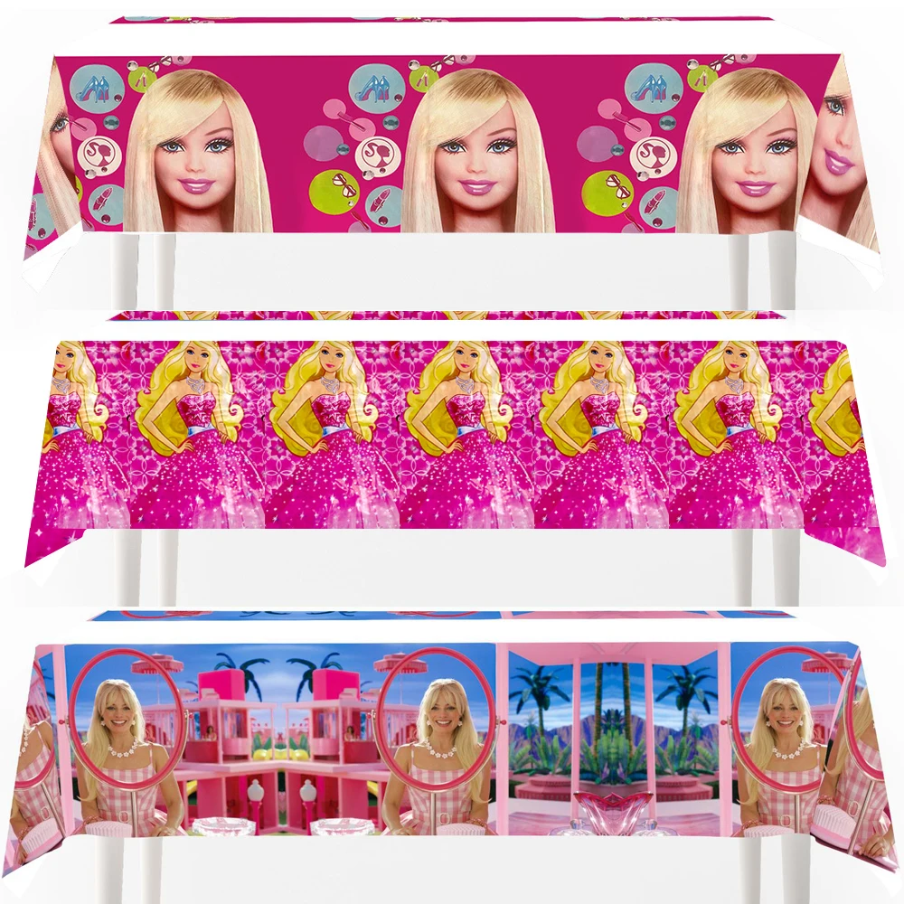 Mantel de plástico con temática Barbi para niños y niñas, cubierta de mesa de fiesta de feliz cumpleaños, decoraciones de Baby Shower, favores, 1 lote