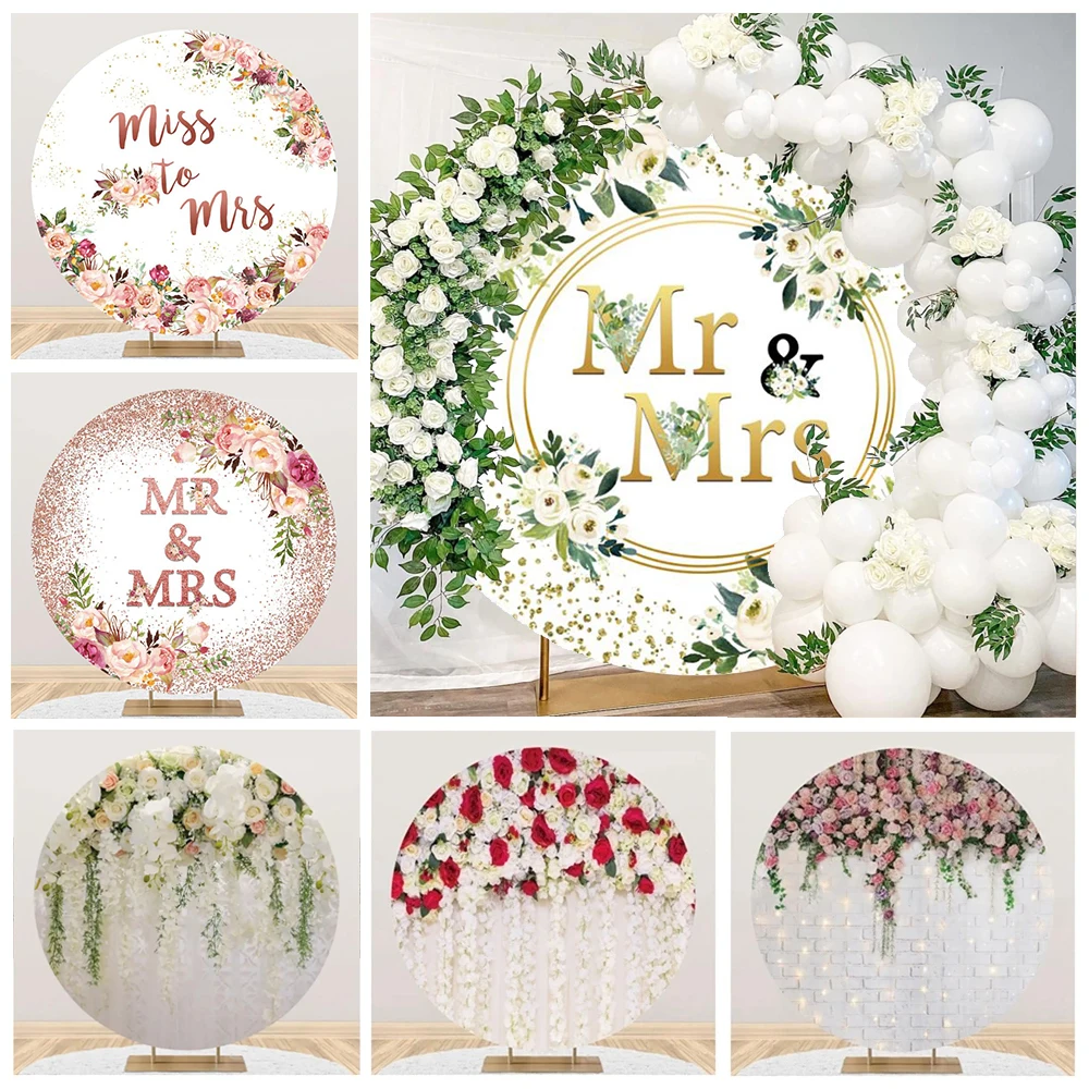 

Wedding Flowers Round Backdrop Cover Mr & Mrs Bridal Shower Ceremony Baby Birthday Circle Photography Background Photo Studio