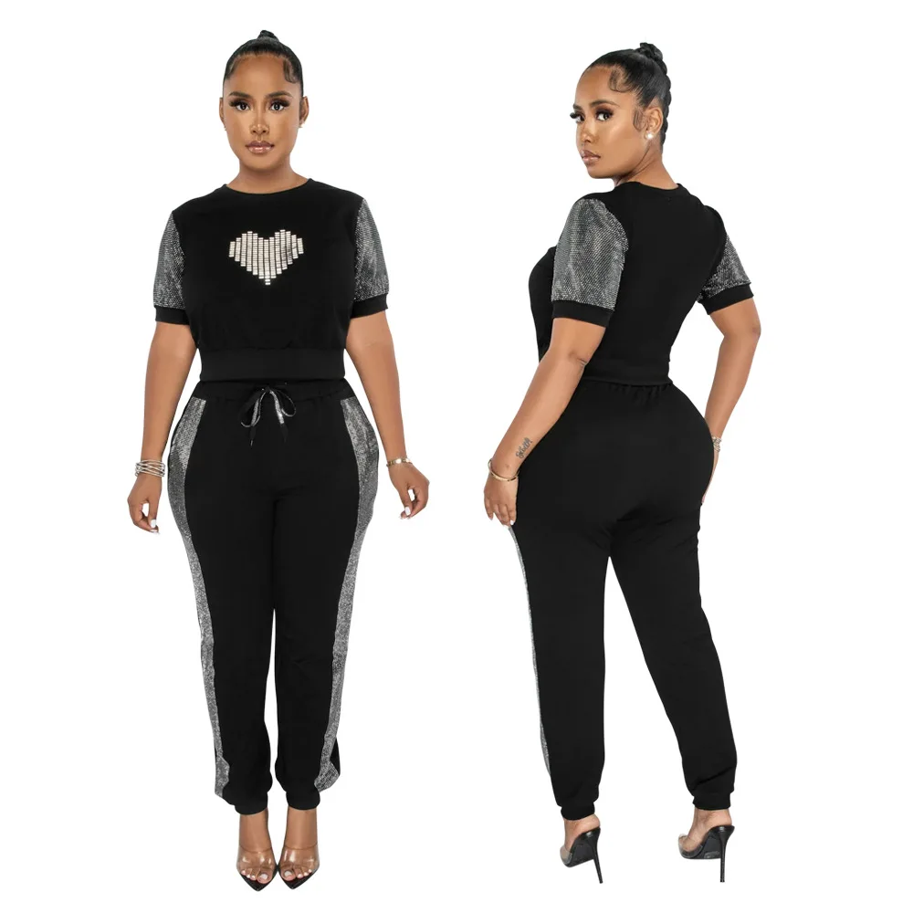 Imagem -06 - Moda Verão Diamante Conjunto de Duas Peças Mulher Rua Esportes Estilo Diamante Amor Tshirt Calças Duas Peças Terno Feminino