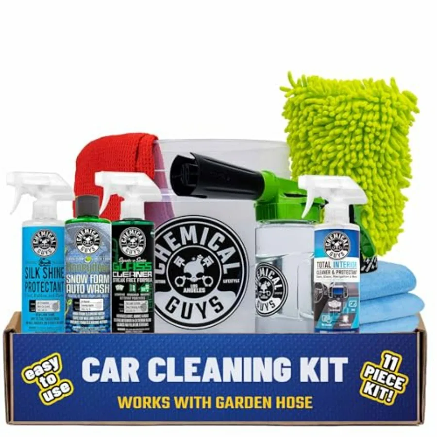 

Car wash kit for automotive detailing: foam gun with bucket, garden hose sprayer, microfiber towels, interior cleaner complete