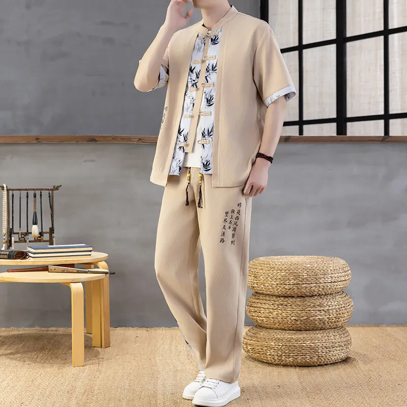 الرجال أزياء الصيف جديد تانغ دعوى عارضة النمط الصيني المطرزة قمصان بانت 2 قطعة ملابس رياضية القطن الكتان مجموعات