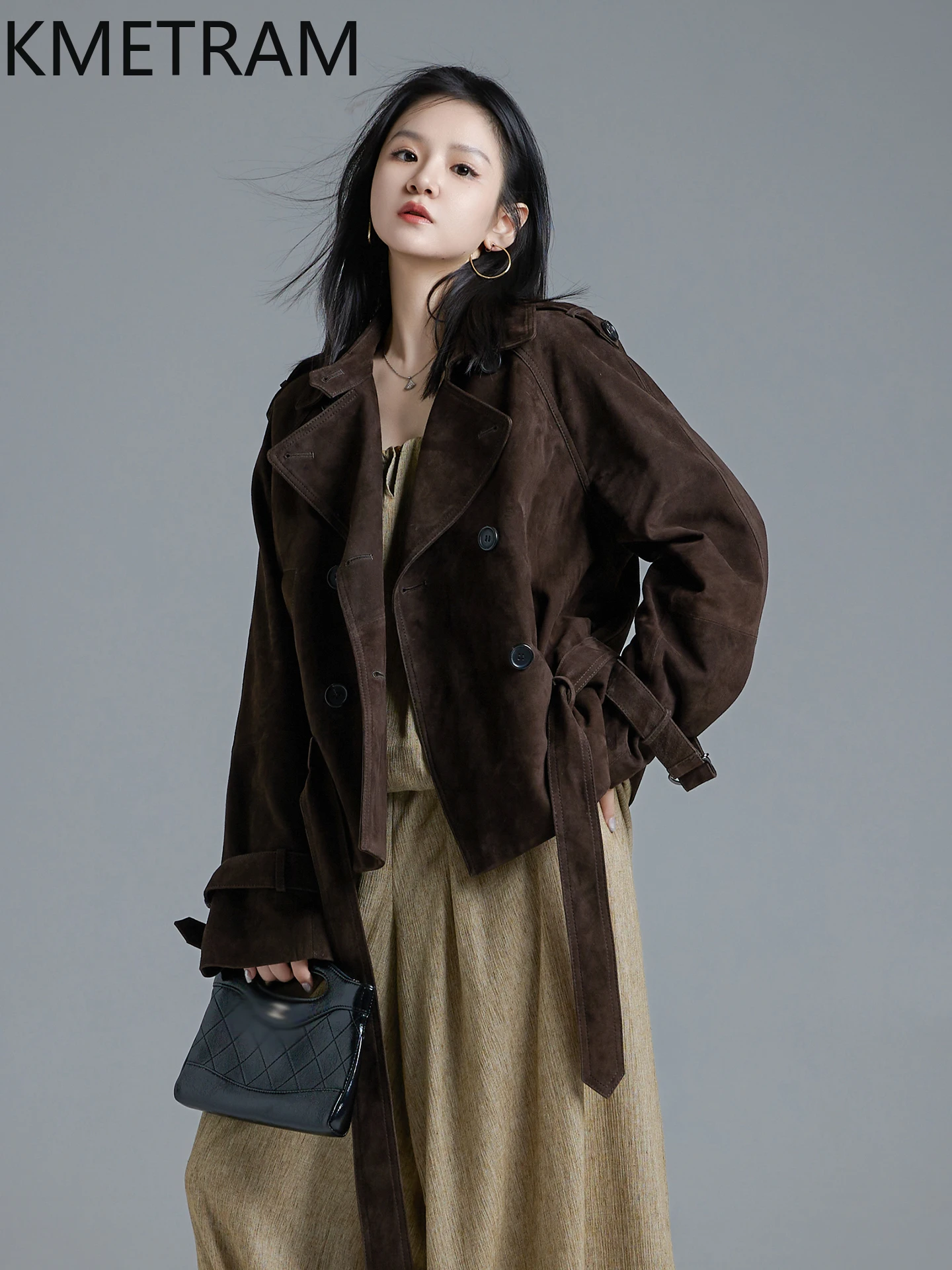 KMETRAM جلد الغنم الطبيعي عكس الجلد المدبوغ خندق معطف قصير موضة المرأة سترة جلدية حقيقية 2025 الخريف معاطف سترات نسائية