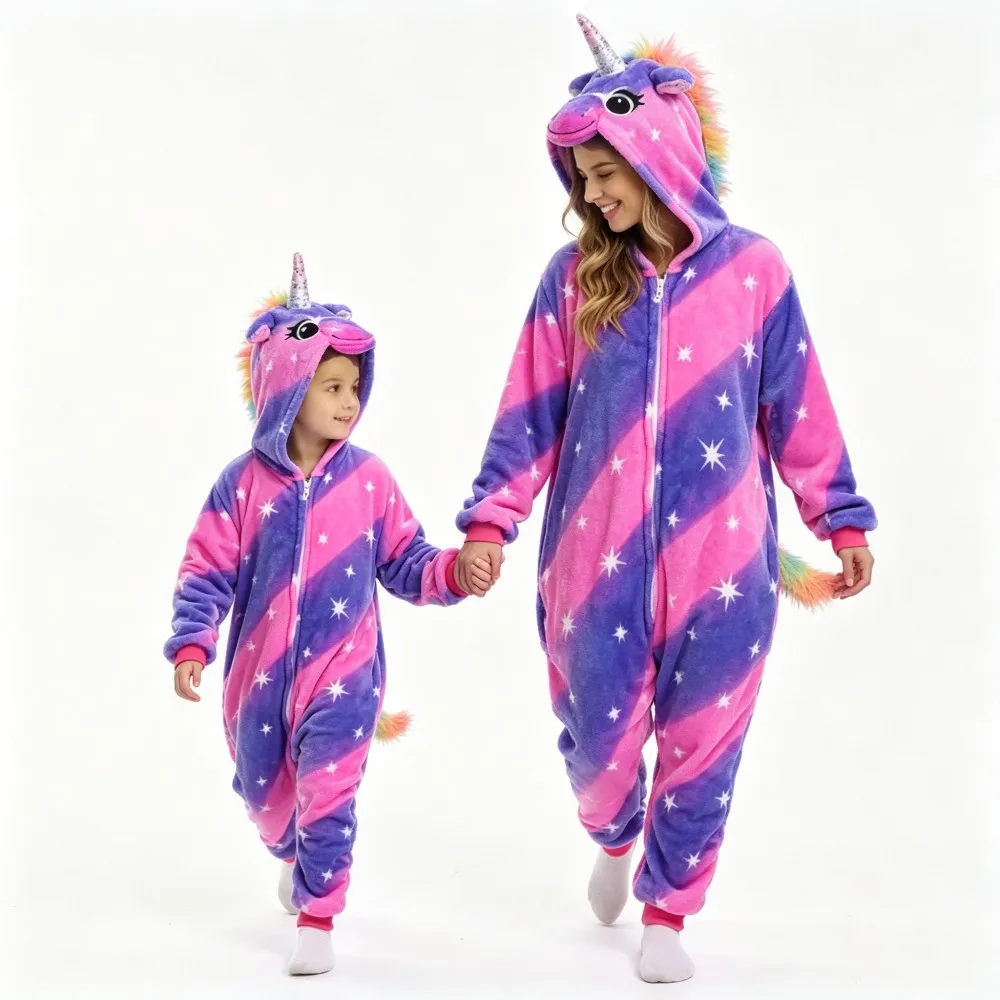 Halloween Cosplay Costume Winter Warm Flannel Hooded Jumpsuits Adult Kids Onesie Boys and Girls Pajamas Animal Unicorn Kigurumis