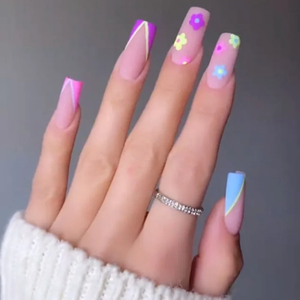 Faux ongles longs cercueil ballerine française rose, couverture complète, design petite fleur, presse sur les pointes des ongles, poignées amovibles, N64