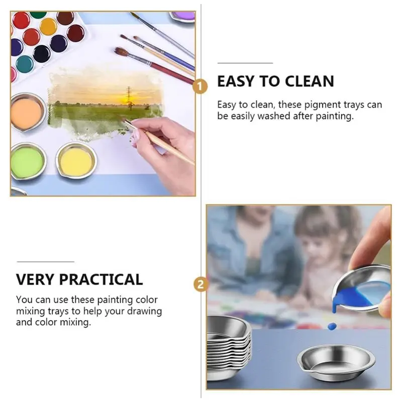QWE-Painting Color Palette Small Round Paint Trays 50Pcs Stainless Steel Makeup Mixing Palette Paint Mixing Cups