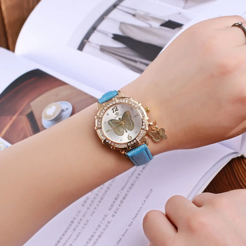 Женские часы, модный тренд, элемент бабочки, циферблат, кварцевые часы, браслет, женский кожаный ремешок, праздничный подарок