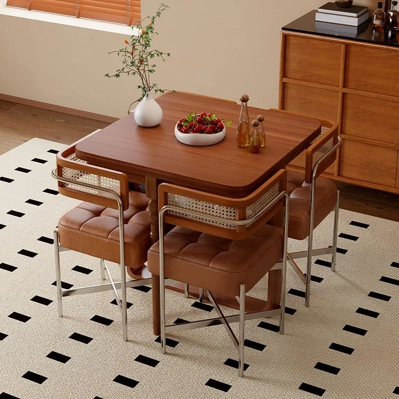 Solid wood folding dining table, small household simple modern telescopic storage dining table and chair combination