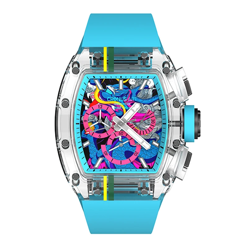 CRONUSART Orologio cronografo da uomo 50MM Tonneau Orologio da polso meccanico Cassa in zaffiro Cinturino in gomma fluorurata luminosa Grandi finestre triple