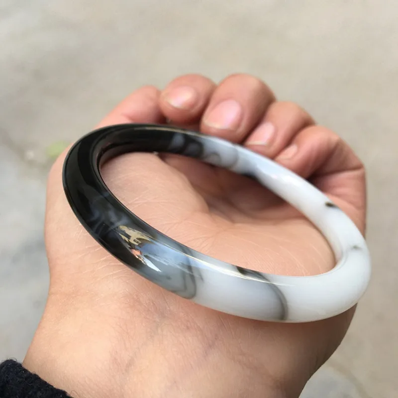 Natural Black and White Hand-carved Round Bar Jade Bracelet Fashion Boutique Jewelry Men and Women Blue and White BeautyBracelet