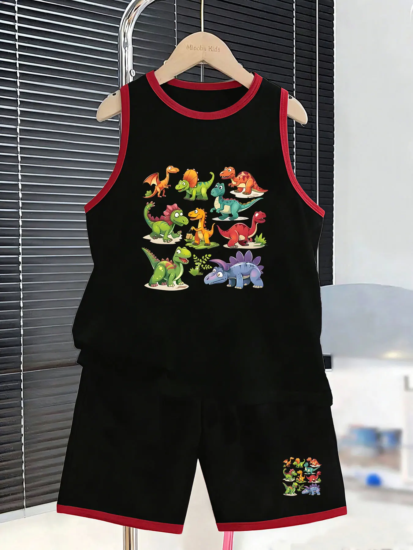 Kids' Summer Clothing Set - Dinosaur Print Vest And Shorts Combo Comfortable Breathable Loose Fit for Active Play Red Edge Contr