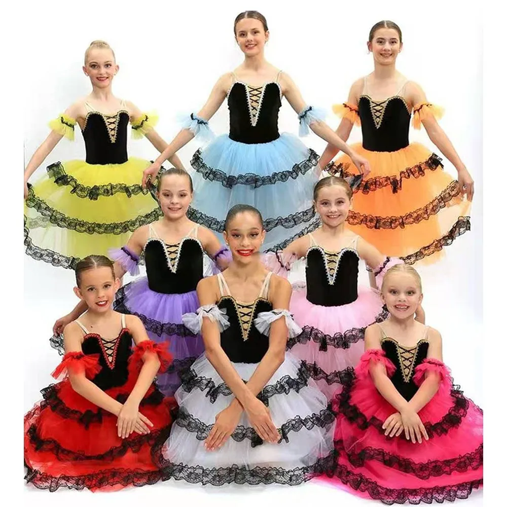 Long Romantic Ballet Tutus Straped Red Spanish Dress For Adult Girls Performance Tutu Costumes Ballerina Dresses Velvet Bodice