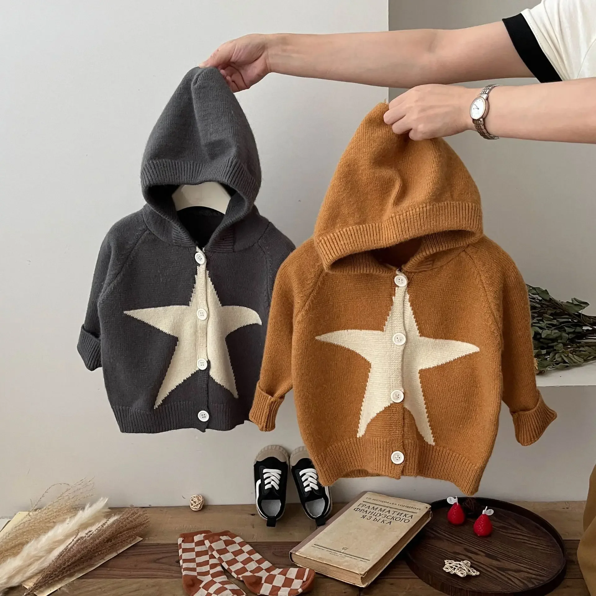 

Korean Baby Clothes for Spring and Autumn Boys Versatile Knitted Sweater Cardigan Girls Hooded Sweater Jacket