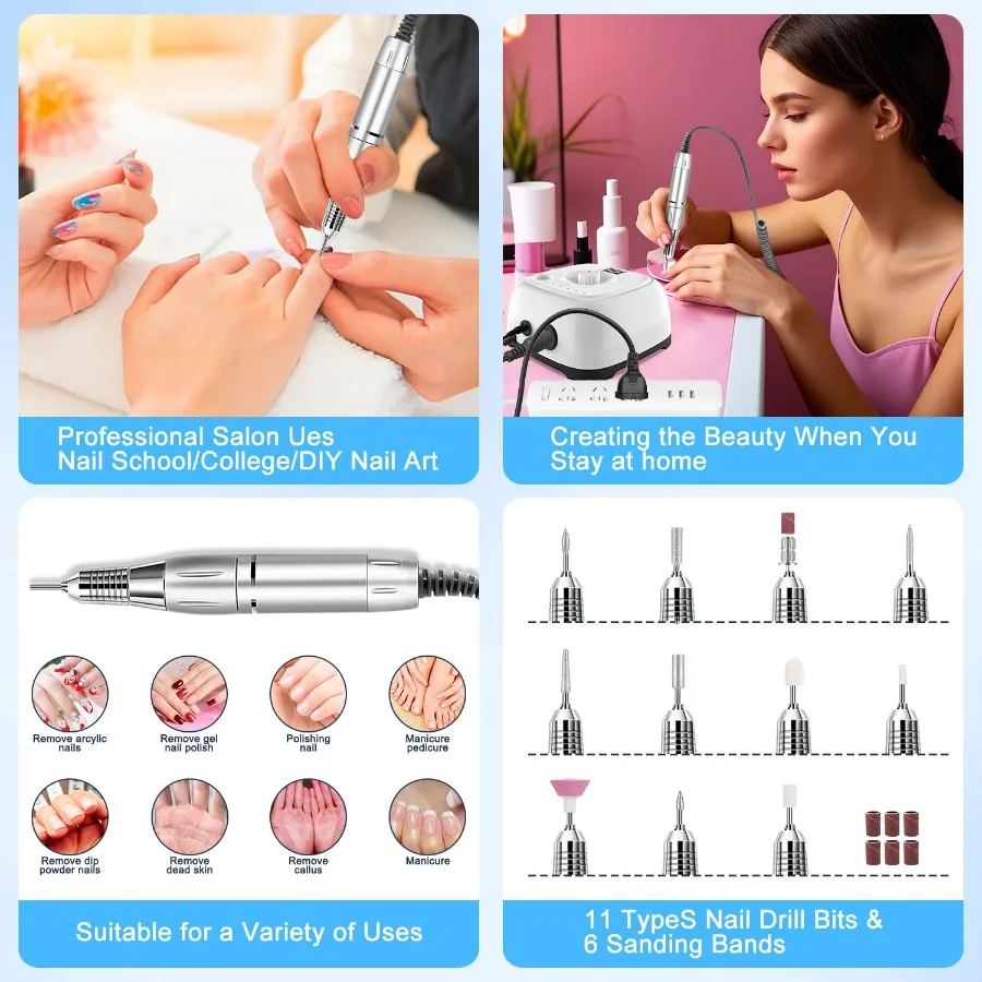 Profesjonalna elektryczna frezarka do paznokci 35000RPM z pedałem nożnym do manicure i pedicure z akrylu i żelu, wyświetlacz LCD, narzędzie Efile De