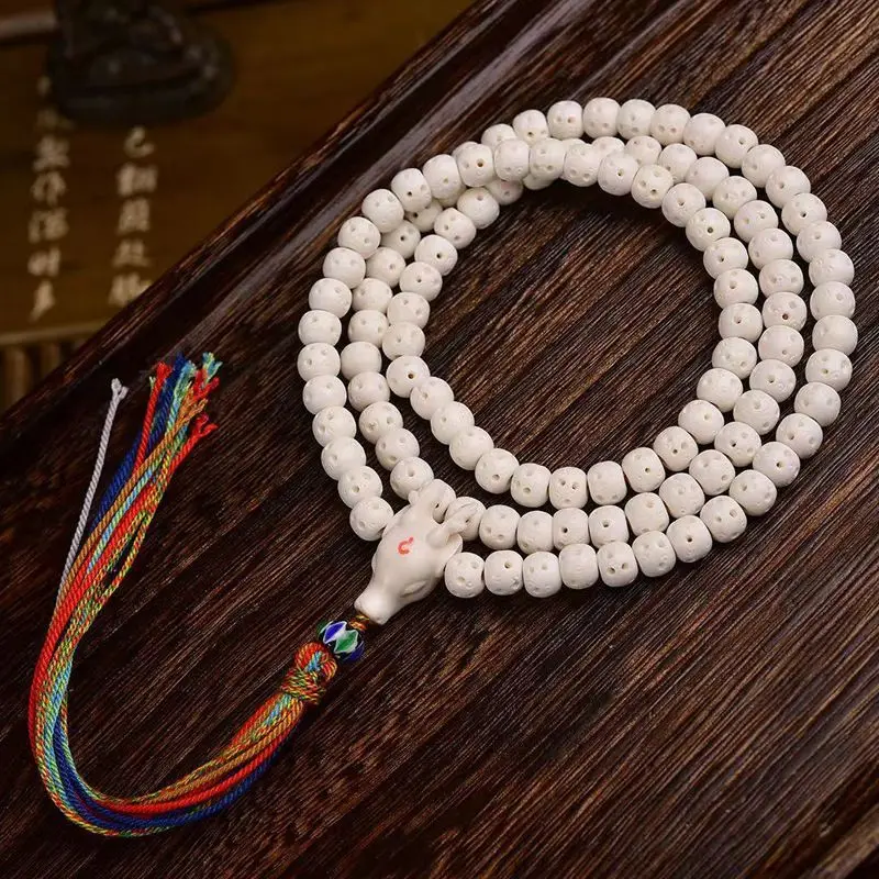 Natural Carving as Right as Rain Antlers 108 Pieces Buddha Beads Rosary Multi-Wrap Bracelet Tibetan Tassel Men and Women