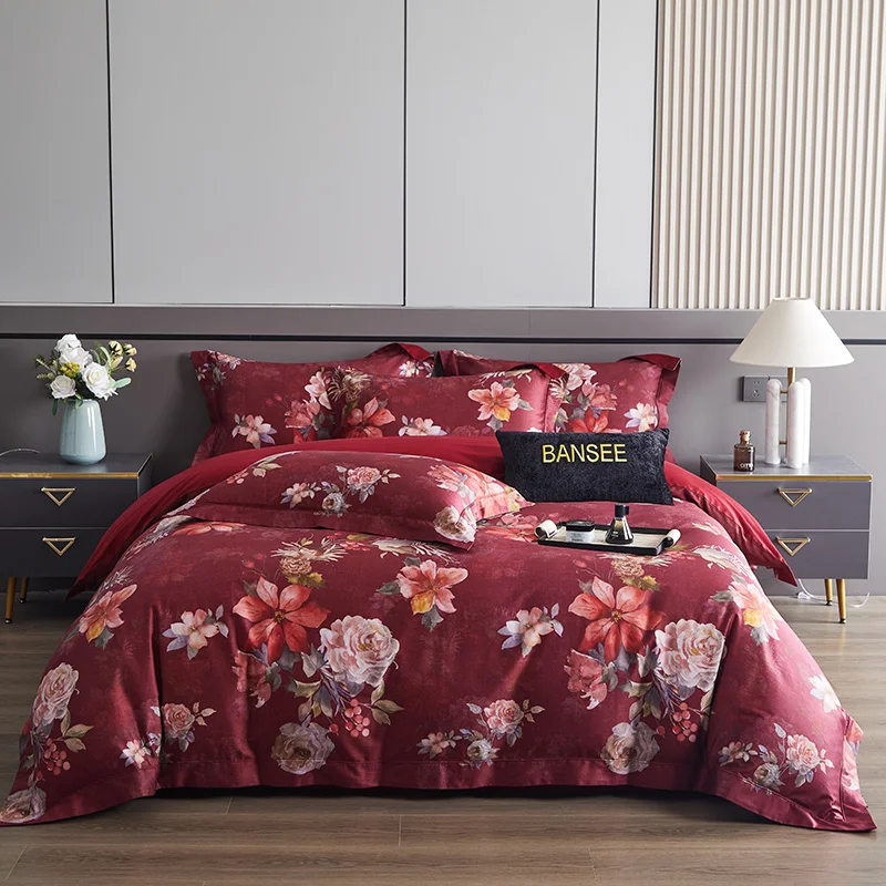 100S Pima Cotton Luxury Bedding Set Vintage Red Floral Duvet Cover Set Bed Sheet Pillowcases Wedding Home Textile 4Pcs
