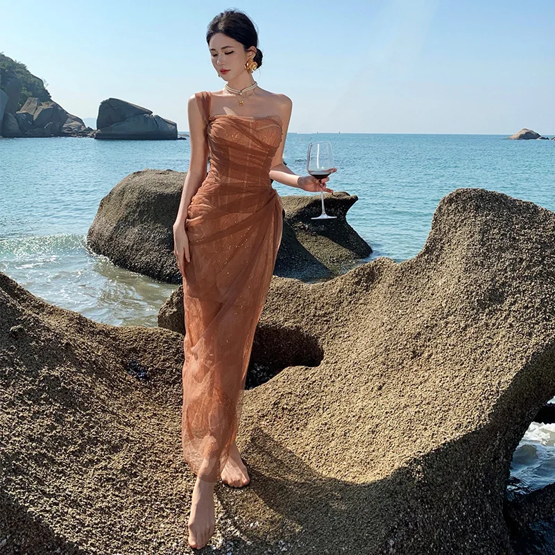 Vietnamese Niche Fairy Thin Gauze Lace Atmosphere Fishbone Waist Slimming Birthday Dress Stunning Vacation Dress