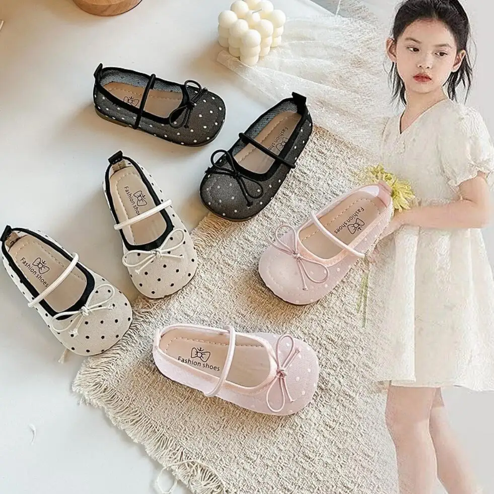 

Элегантные балетки с вышивкой в горошек и сеткой для девочек, с бантом и эластичной лентой, детские туфли из шелковой марли для малышей
