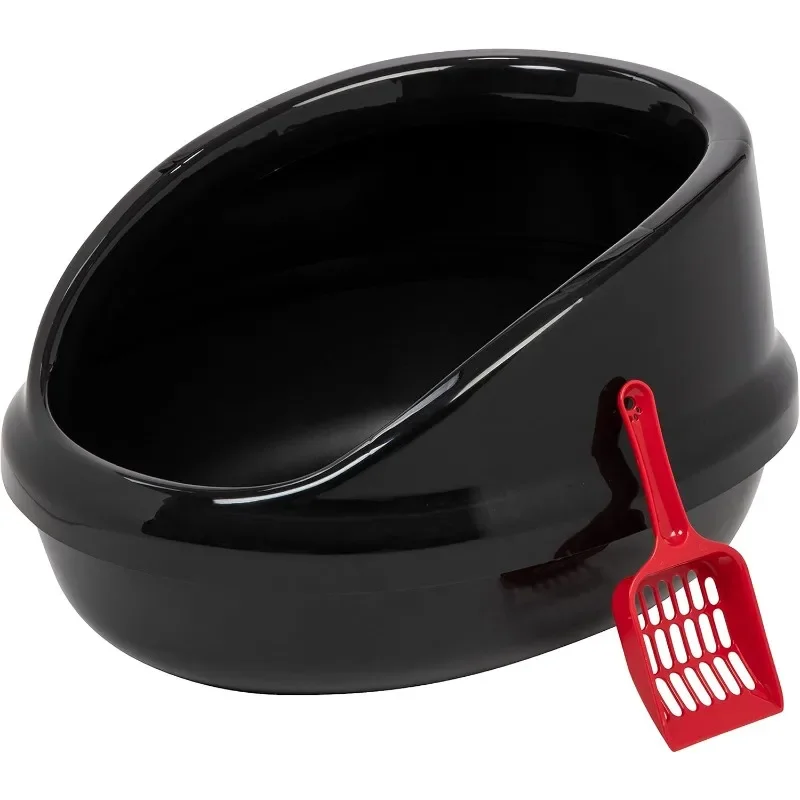 

Large Cat Litter Box with Scoop, Open Top High Sided Kitty Litter Pan with Scatter Shield, Black