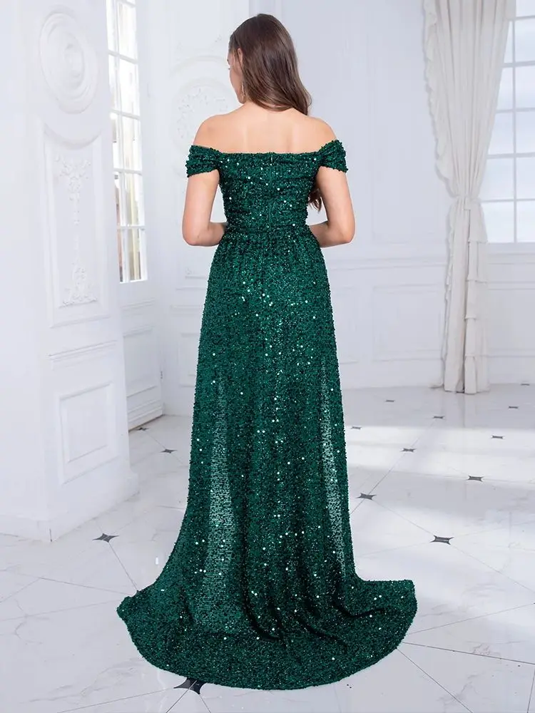 Off The Shoulder Slash Neck Green Sequin Elegant Women Party Dress With Detachable Trian Long Mermaid Floor Length Evening Prom