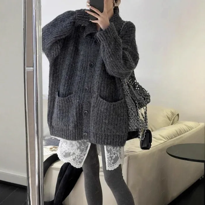 Solid Turtleneck Single-breasted Sweater Women's Retro Loose Korean Version 2026 Autumn Winter Thickened Knitted Cardigan Top