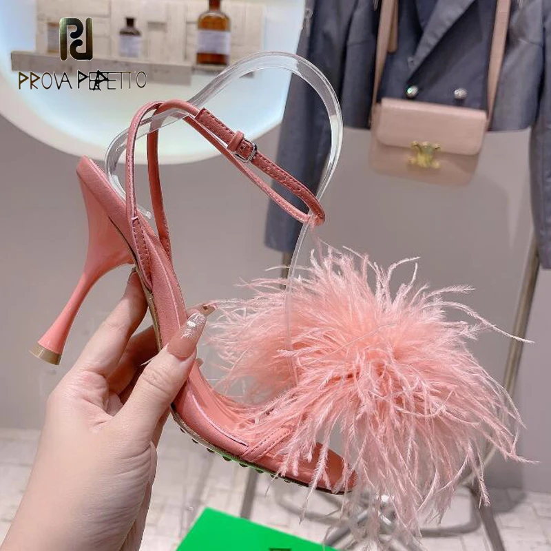 

Ostrich Hair Gladiator Sandals Woman 2023 Sexy Ankle Strap Thin Heel Feather Sandals Ladies Summer Party Shoes Celebrity Sandal