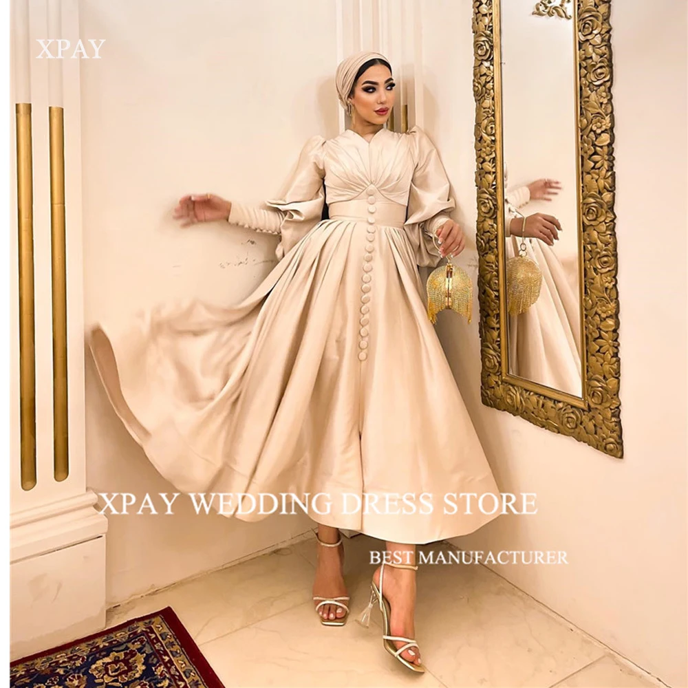 

XPAY Modest Dubai Arabic Women Evening Formal Dresses Puff Long Sleeves Buttons Silk Ankle Length Prom Party Dress With Hijab