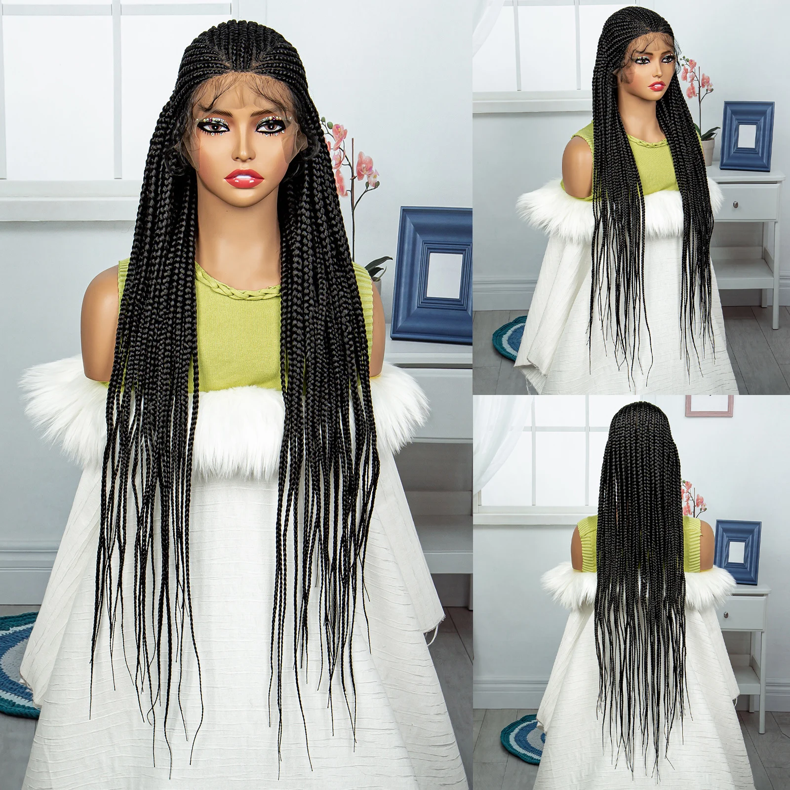 Wig kepang Cornrow 34 inci 13x9 wig kepang depan renda sintetis dengan bayi untuk wanita warna hitam wig rambut kepang Frontal