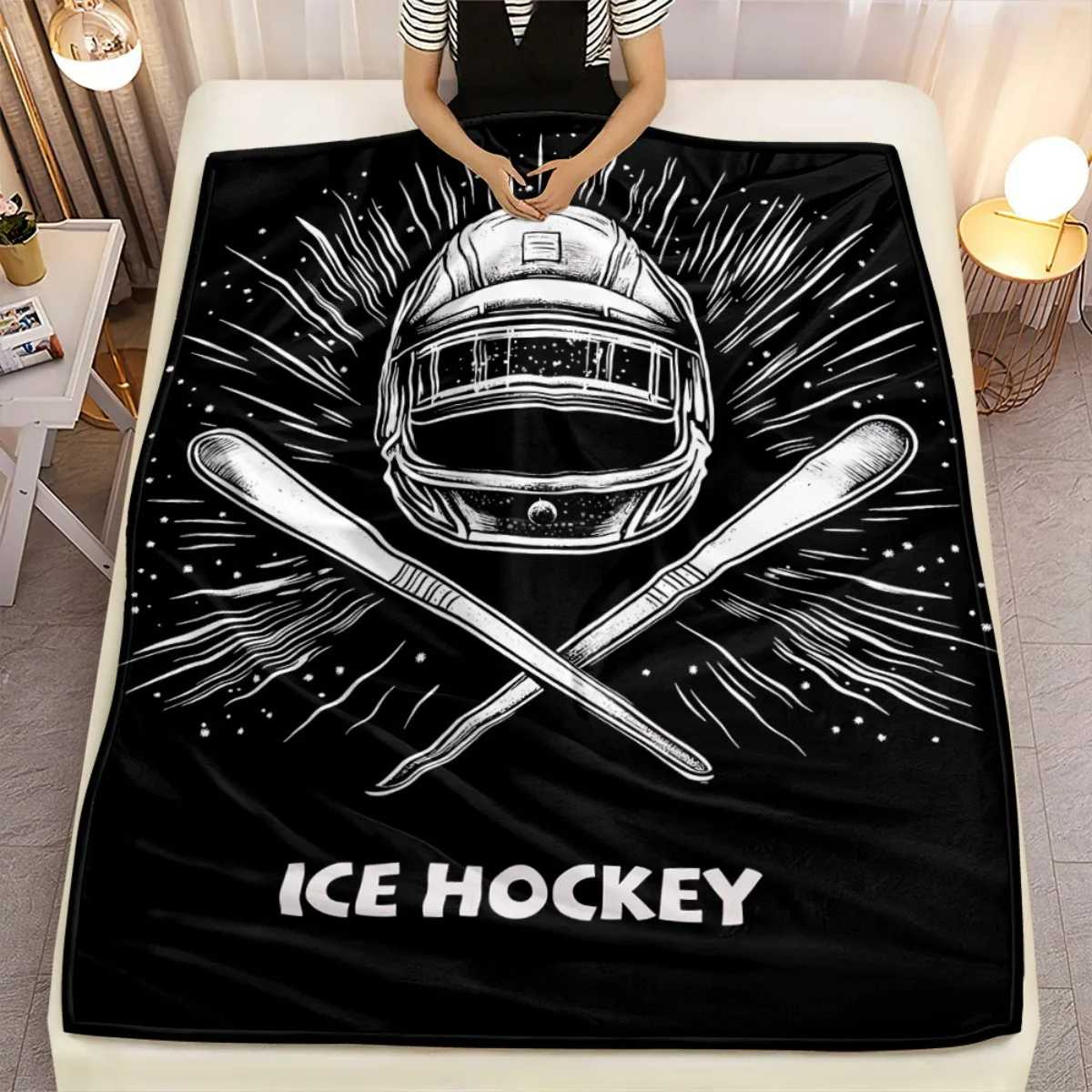 Ice hockey helmet stick sports blanket flannel fan gift for men boys bedroom decor sport theme