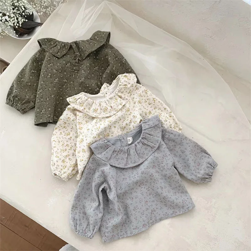 Spring Autumn Korean Style Baby Girls Soft Floral Print Base Shirt  Long Sleeve Peter Pan Collar Loose Kids Blouse