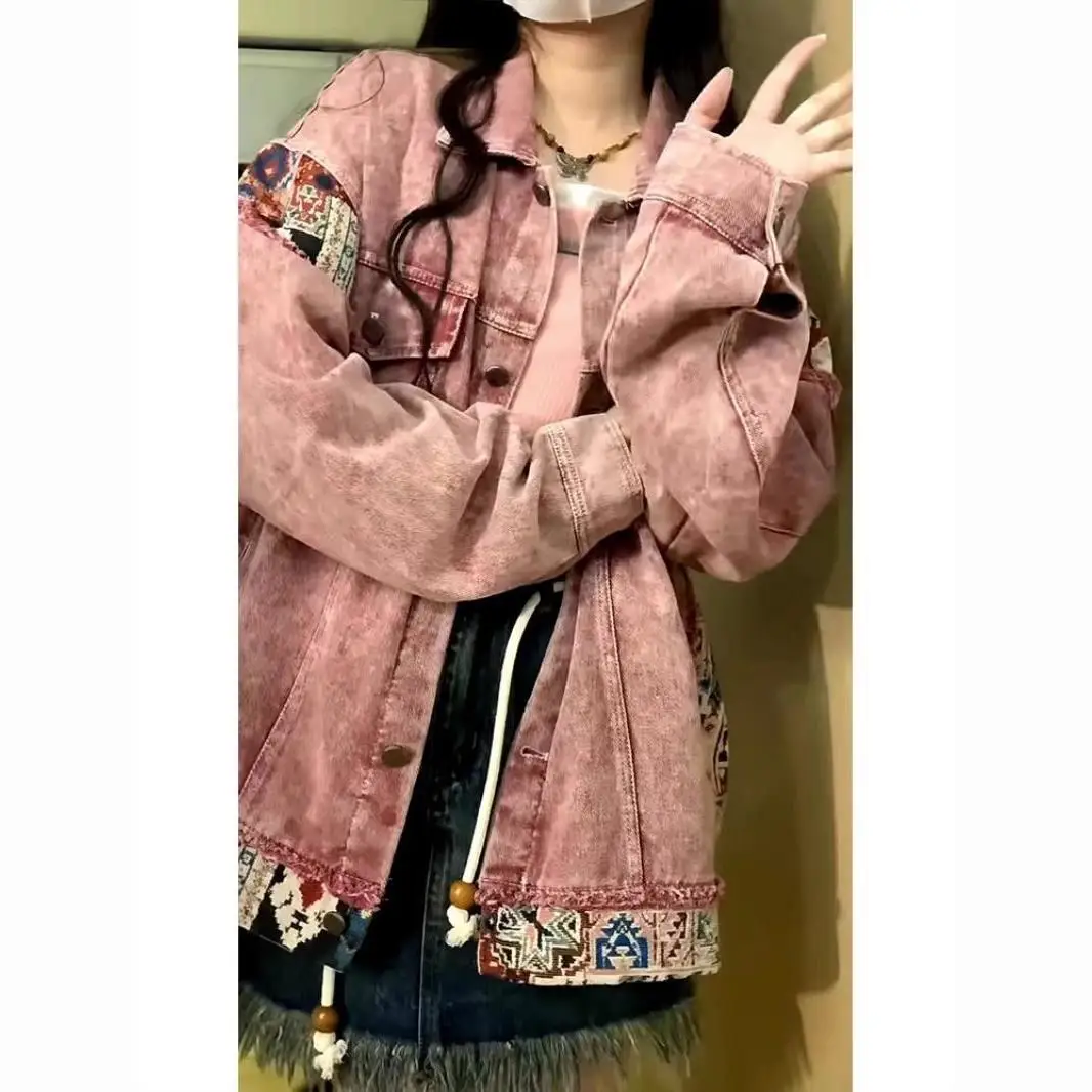 Trendy American Style Pink Denim Jacket For Men Loose Fit Versatile Distressed Casual Patchwork Top For Spring Autumn