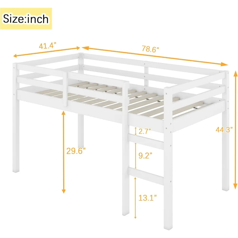 Low Loft Bed Twin Size, Kids Solid Wood Modern Loft Bed Frame with Ladder and Safety Guardrail for Girls Boys, Noise-Free