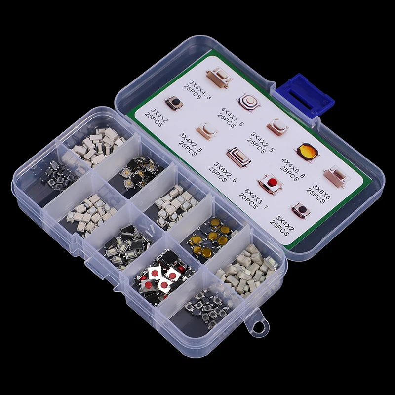 250Pcs 10 Types Tactile Push Button Switch Car Keys Button Touch Microswitch Small Touch On/Off Switch