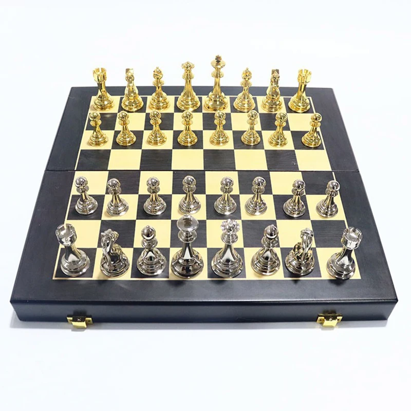 Luxury Metal Chess Set Board Games Gold Silver Zinc Alloy Chess Pieces Folding Chessboard Portable Family Table Games Home Decor