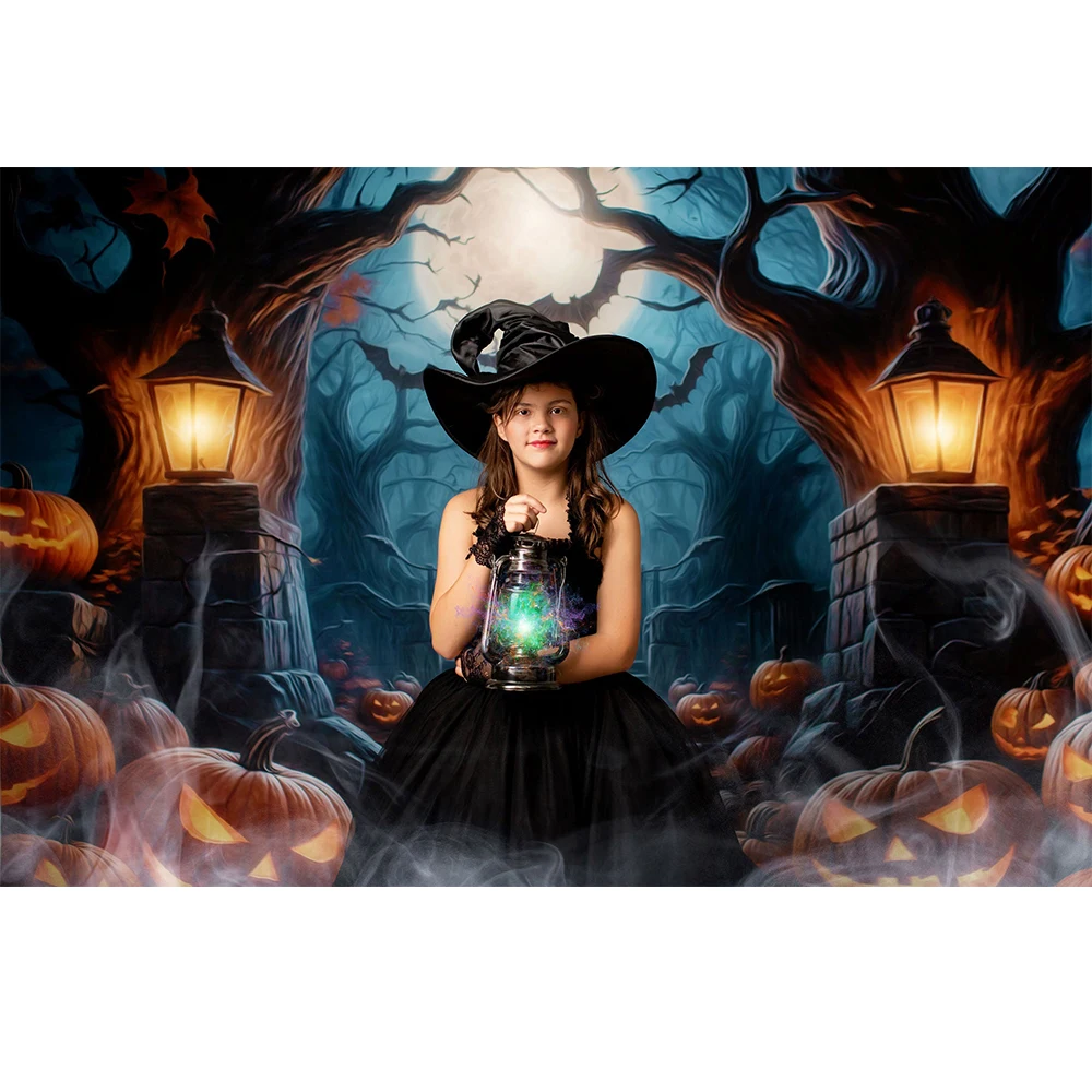 Halloween Background Proceed With Caution Photography Backdrops Night Cemetery Pumpkin Photocall Cake Smash Photo Studio Props
