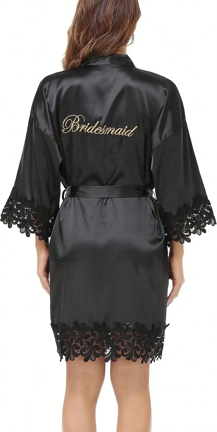 

Womens Satin Lace Trim Bridesmaid Robe With Embroidery Wedding Party Sleepwear