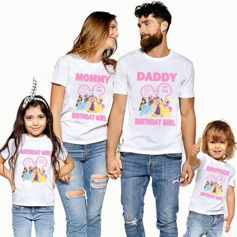 Disney Family Matching Outfits For Birthday Girl Princess Theme Kawaii Family Look Party T-shirt Kids Clothes Father Mother