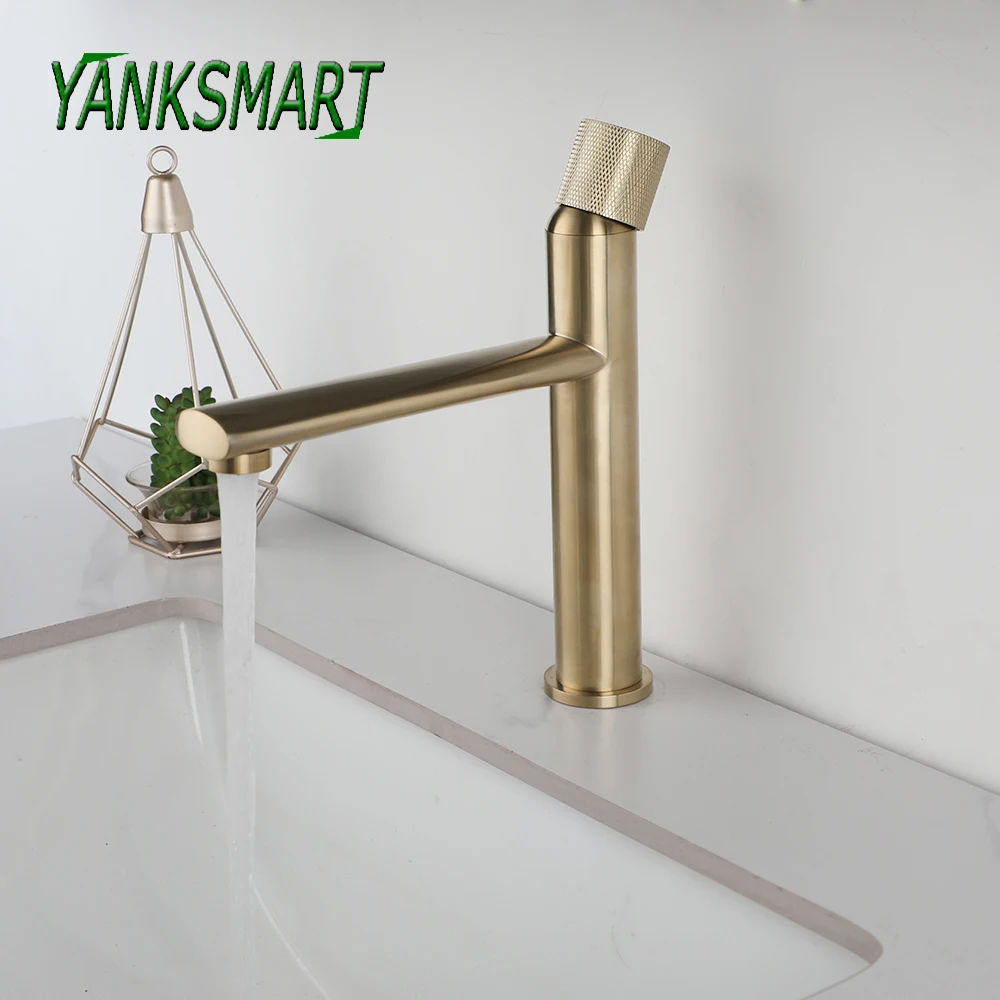 

YANKSMART Brushed Gold Bathroom Faucet Basin Single Handle Deck Mounted Hot and Cold Torneira Knurled Sink Mixer Water Tap