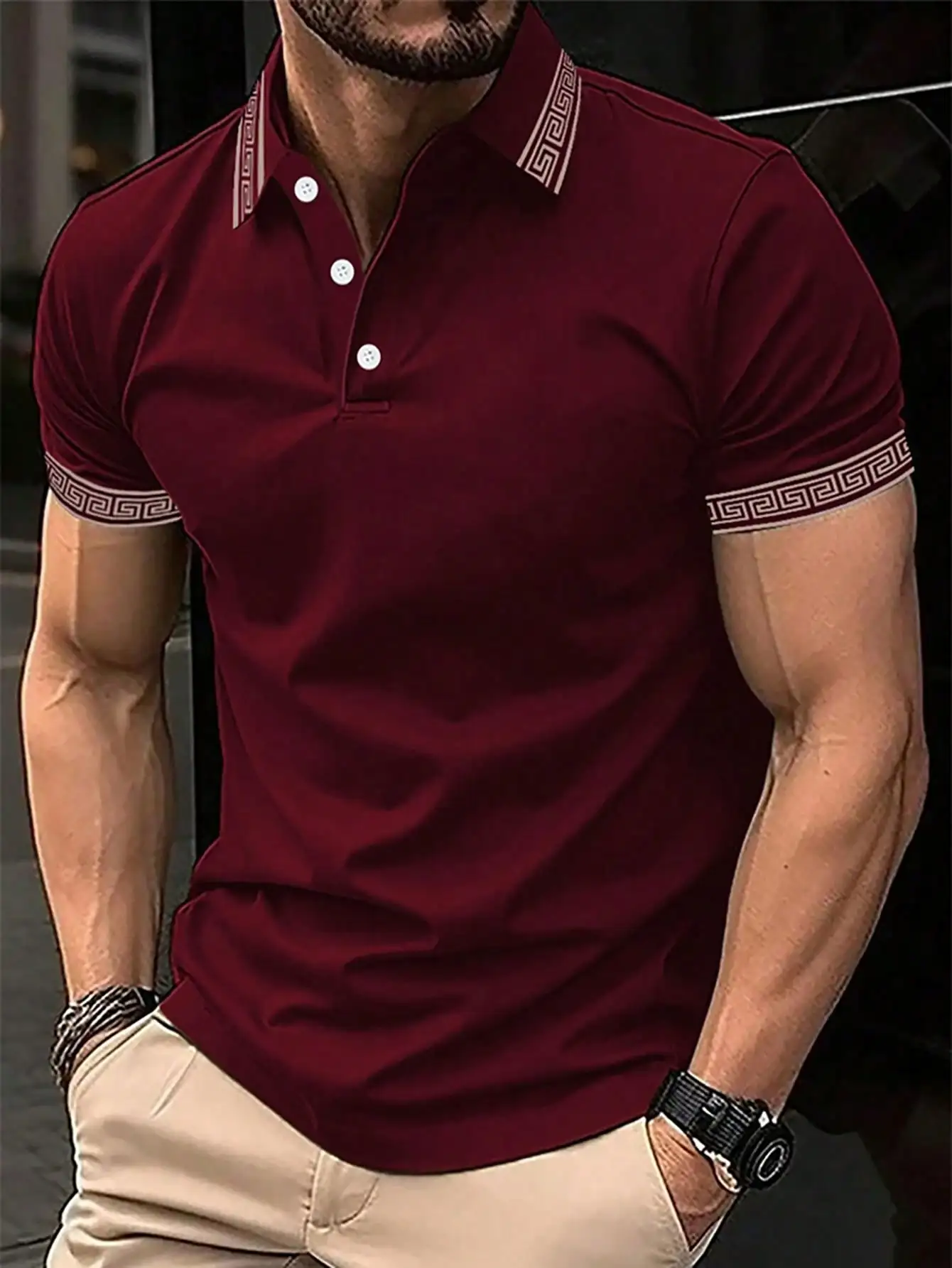 

Men's Burgundy Solid Polo Shirt with Greek Key Trim, Short Sleeve Casual Top