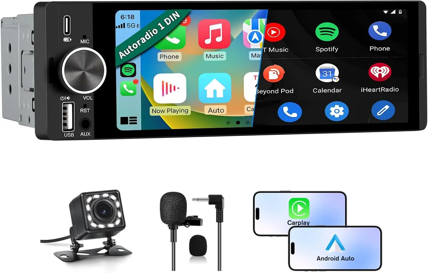 

Автомагнитола 1 DIN, 6,36-дюймовый сенсорный IPS-экран с CarPlay и Android Auto, Bluetooth, поддержкой USB и камерой заднего вида