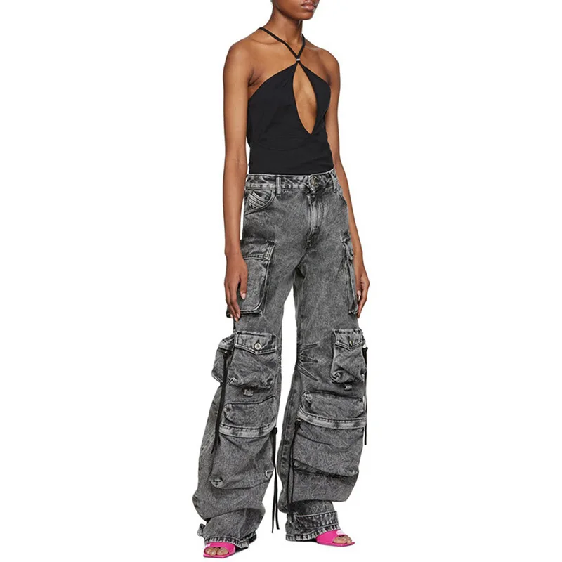 

Street trendsetters' new trendy dark gray spliced multi-pocket work pants - street washed and distressed long loose-leg pants