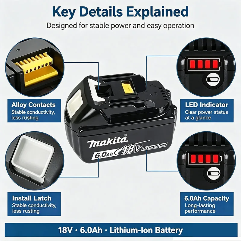 100% Makita 6.0 Ah Battery 18V LXT Lithium-Ion BL1860 with LED Indicator Battery 18V Battery Power Tool Battery Original 18V 6Ah