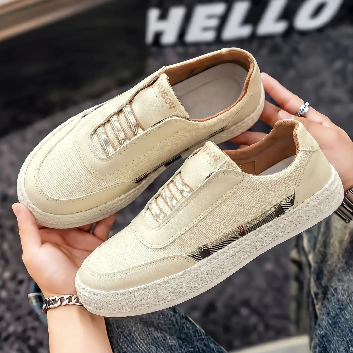 

Men Linen Slip On Casual Shoe No Tie Elastic Strap Platform Sneakers Breathable Woven Edge Sole All Season Daily WalkingFootwear