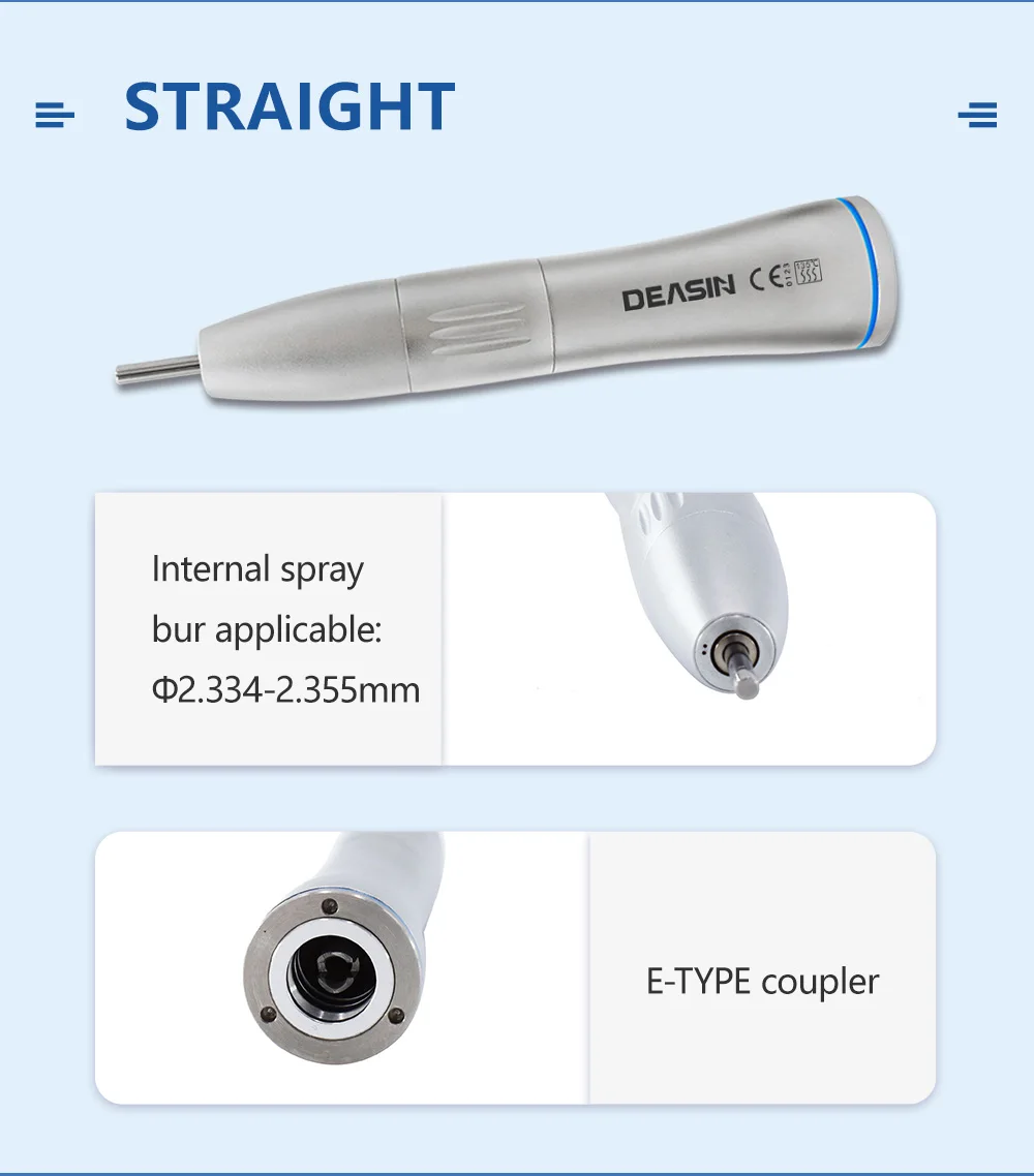 DEASIN Dental Inner Water Spray 1:1 Low Speed Turbine E- generator Contra Angle Blue ring Air motor Low speed handpiece